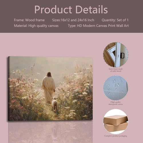 Framed Jesus Wall Art Jesus and the Lamb Walking Among Flowers Christian Poster Print Religious Art Canvas Painting for Living Room, Church, Prayer Room, Bedroom, etc., 12x16 in - color: Jesus Wildflower Sheep3, size: 12x16 Inches