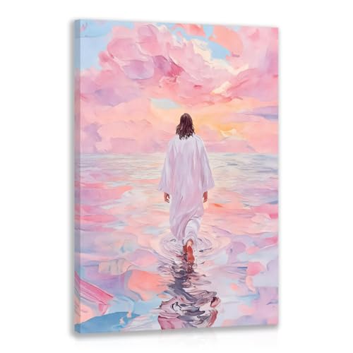 FASWQ Wrapped Canvas Pink Jesus Walking on Water Wall Art 12x16 in - color: JesusBack, size: 16"L x 12"W
