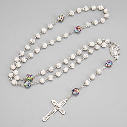 Nazareth Store Rhinestones Crystal Beads Rosary, Catholic Rosary Necklace with Silver Miraculous Medal INRI Crucifix, Multicolor Rosaries in a Gift Case - color: White with Colorful Beads