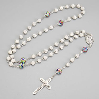 Nazareth Store Rhinestones Crystal Beads Rosary, Catholic Rosary Necklace with Silver Miraculous Medal INRI Crucifix, Multicolor Rosaries in a Gift Case - color: White with Colorful Beads
