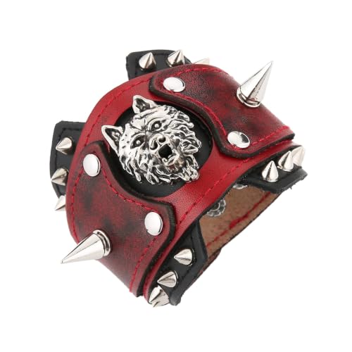 HZMAN Leather Bracelets Retro Men's Leather Cuff Bracelet Adjustable Wide Wristband Bracelet Jewelry Gift - color: Red-Wolf