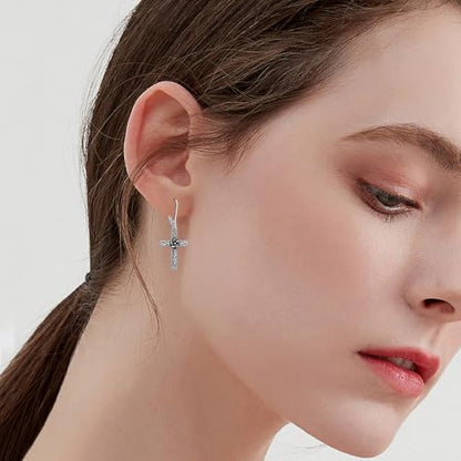 925 Sterling Silver Sunflower/Rose/Plumeria/Hibiscus/Mushroom Cross Earrings for Women Hawaiian Flower/Butterfly Cross Dangle Drop Earrings Jewelry Faith Christian Gift for Her Daughter Wife Girlfriend - style: Plumeria Cross