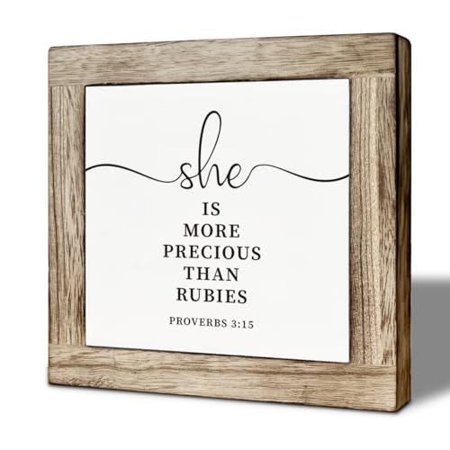 Christian Wooden Desk Decor Sign, She Is More Precious Than Rubies, Farmhouse Bible Verse Proverbs 3:15 Tabletop Sign, Inspirational Religious Faith Decor Gift for Women 5.9x5.9 Inches - color: color28