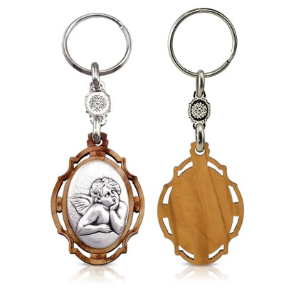 RosaryMart Olive Wood Religious Keychain for Men and Women | Catholic Keychain | Car KeyRing | Party Favors Key Holder - color: S-angel
