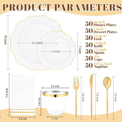WDF 350PCS White and Gold Plastic Plates - Gold Plates Disposable 50Guest Plastic Dinnerware Ideal for Party/Wedding/Birthday/Thanksgiving/Fall/Rosh Hashanah - color: White and Gold, size: 350 pieces