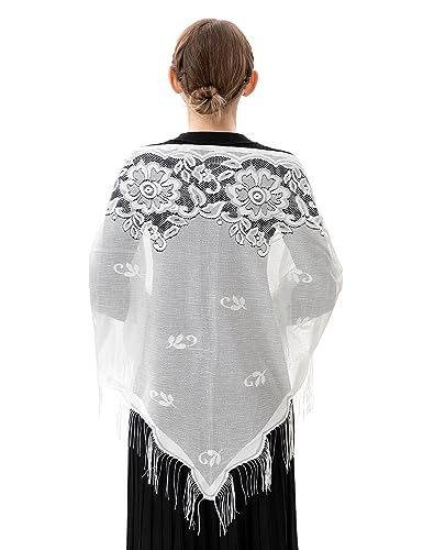 PAMOR Triangle Catholic Church Veil Chapel Veil Scarf Mantilla Veils Wrap Shawl Mass Head Covering with Fringe Trim - color: White