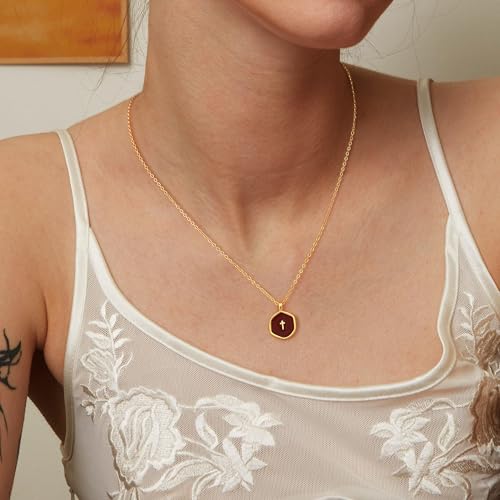 Robaice Cross Necklace for Women, Dainty 14K Gold Plated Cross Necklace - style: disc cross wine red