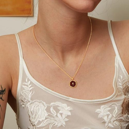Robaice Cross Necklace for Women, Dainty 14K Gold Plated Cross Necklace - style: disc cross wine red