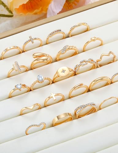 Gold Stackable Rings Set for Women, Gold Plated Chunky Crystal Finger Rings - color: Gold CZ