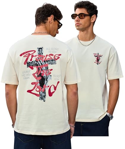 Herberton Men's Graphic T-Shirt Loose Fit Cotton Fashion Casual Streetwear Crewneck Short Sleeve Tee (S-XXL) - color: Beige, size: XX-Large
