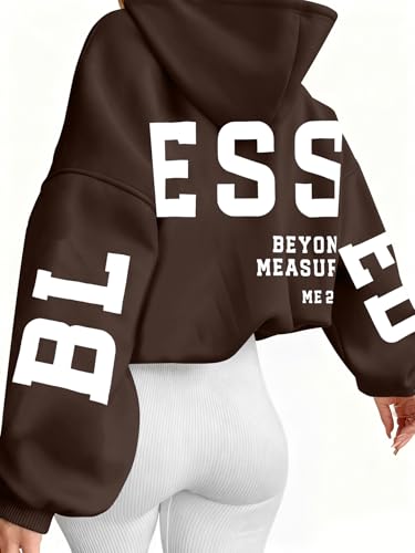 Christian Hoodies Women Blessed Sweatshirts Jesus Religious Sayings Sweater - color: Brown, size: XX-Large