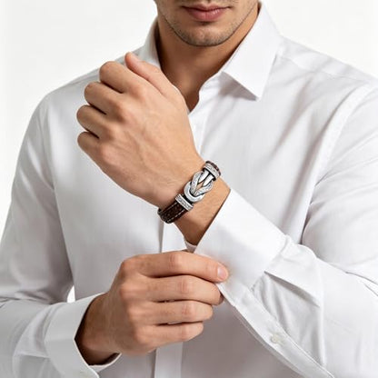 Men's Braided Leather Bracelet Wristband Cuff Bracelet for Men Gifts Stainless Steel Clasp - color: Brown
