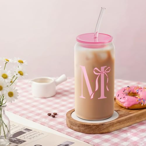 SANDJEST Monogrammed Glass Drinking Can Cup with Acrylic Lid and Straw, Personalized Frosted Iced Coffee Tumbler 16oz, Monogram Initial Gifts for Women Girls on Birthday (M) - color: M