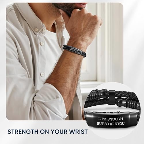 Men's Cross Bracelet Handsome Inspirational Quote Bible Verse Engraved Black Braided Leather Bracelets for Men Religious Jewelry Christmas Baptism Confirmation Christian Gifts for Son Husband Man - style: 11: Life is tough but so are you