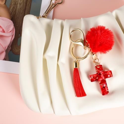MWOOT 2PCS Cross Keychains for Women, Christian Keyring Tassels Plush, Resin Jesus Key Chain, Bag Charm Car Accessories - color: Red+green