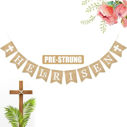 He is Risen Banner, Easter Decorations Natural Burlap Garland Religious Bunting Party Supplies Spring Holiday Celebration for Christian Resurrection Photo Props Church Egg Hunt Events