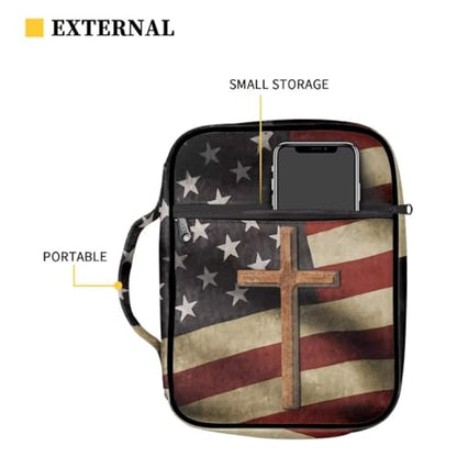 Coldinair American Flag Cross Bible Cover for Men and Women Bible Case Bible Carrier Carrying Organizer Purse Handbag with Zipper Pockets Church Bag - color: American Flag Cross