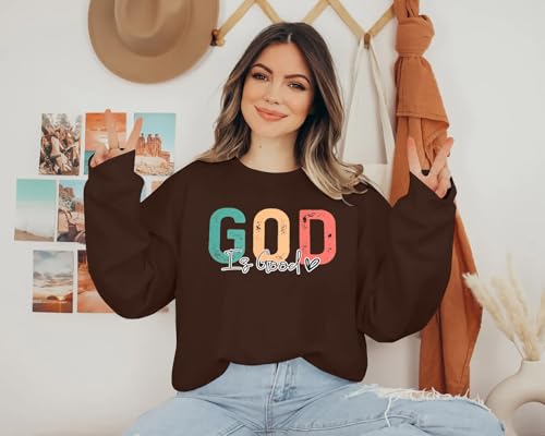 God is Good Sweatshirt Christian Shirts for Women Oversized Jesus Religious Pullover Bible Verse Inspirational Tops - color: Brown, size: XX-Large