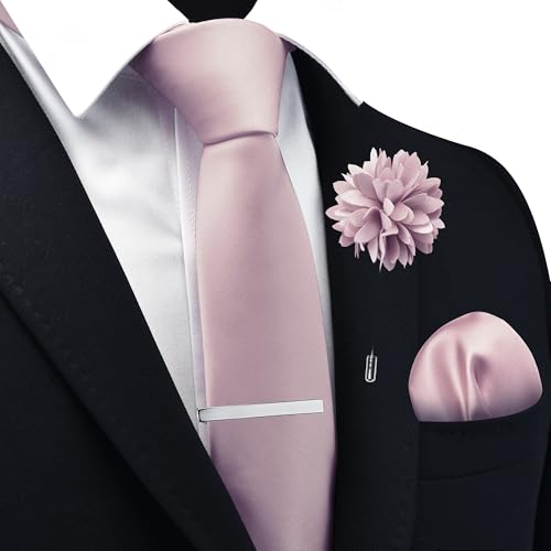 Branduce 3.15"（8cm） Mens Tie and Lapel Pin Solid Necktie Handkerchief Tie Clip Set for Men - color: Light Dusty Rose