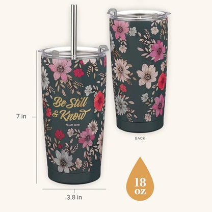 Christian Art Gifts Psalm 46:10 Teal Floral Stainless Steel Travel Tumbler - color: Be Still/Dark Teal Floral