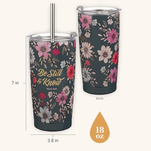 Christian Art Gifts Psalm 46:10 Teal Floral Stainless Steel Travel Tumbler - color: Be Still/Dark Teal Floral