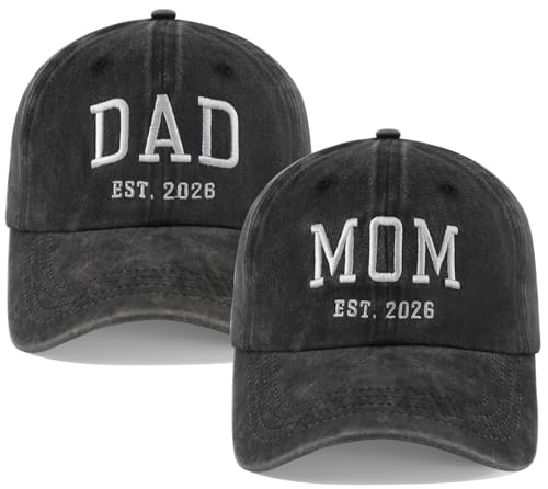 2PCS Dad and Mom EST 2026 Hats for Men Women, New Parents Gifts Cap - color: Black Black