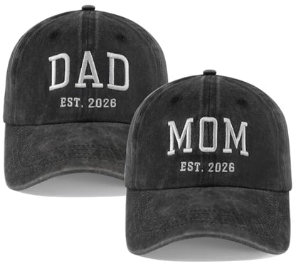 2PCS Dad and Mom EST 2026 Hats for Men Women, New Parents Gifts Cap - color: Black Black
