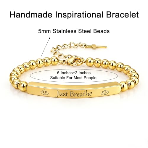 Inspirational Christian Bracelet for Women, Stainless Steel Beaded Cross Jewelry with Bible Verse, Religious Faith Gift for Mom, Daughter, Sister, Friend - color: Just Breathe- Gold Bead