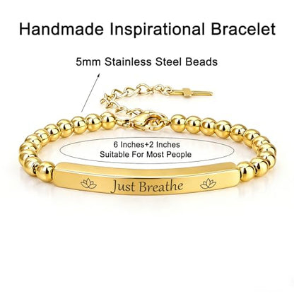 Inspirational Christian Bracelet for Women, Stainless Steel Beaded Cross Jewelry with Bible Verse, Religious Faith Gift for Mom, Daughter, Sister, Friend - color: Just Breathe- Gold Bead