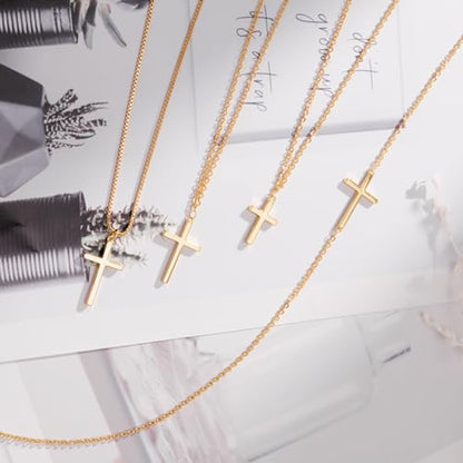 Poxtex Cross Necklace for Women Teen Girls, Dainty 14K Gold Silver Plated Cross Choker Jewelry Non Tarnish Waterproof Cute Simple Small Necklace Christian Baptism Religious Faith Jewelry Gifts - color: 04 Simple Cross Gold