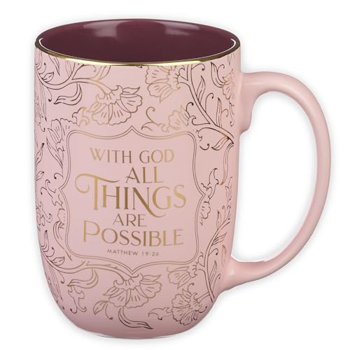 Christian Art Gifts Large Ceramic Coffee Bible Verse Mug for Women - color: All Things are Possible/Pink & Rose Gold Floral