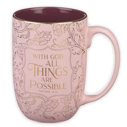 Christian Art Gifts Large Ceramic Coffee Bible Verse Mug for Women - color: All Things are Possible/Pink & Rose Gold Floral