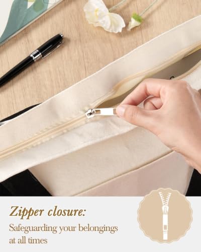Lzerking 3 Pack Canvas Tote Bag with Zipper and External Pocket