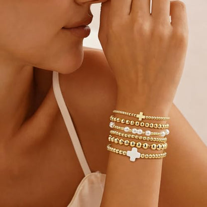 Gold Bracelets for Women Jewelry - Easter Basket Stuffers, Cross/Pearl/Beaded Bracelets Set, Dainty 14K Gold Plated Beaded Bracelets Stack, Birthday Easter Gifts for Women - color: 2Cross+3Bead+1Pearl