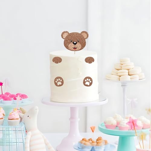 Bear Face Cake Topper, Bear Baby Shower Cake Decor, Brown Glitter Cute Animal Cake Topper for Boy, Beary First Birthday Party Decoration - style: Cute Bear