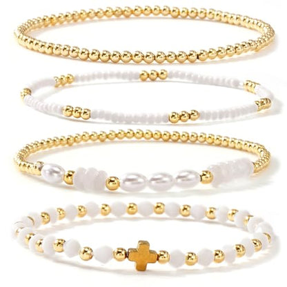 Gold Beaded Bracelets Stack for Women Stackable 14K Gold Plated Beads Ball Cross Bracelet Boho Christian Jewelry Faith Friendship Birthday Gifts for Women - color: White Crystal