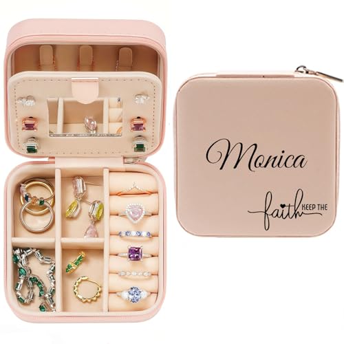 Personalized Jewelry Box with Name and Fatih, Custom Travel Small Jewelry Case Organizer Travel Essentials for Women, Bridesmaid - color: Faith and Name - Pink