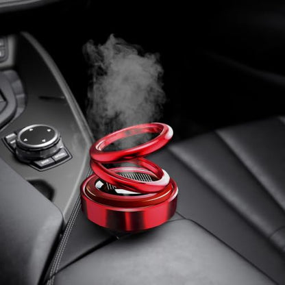Solar Rotating Car Air Freshener, Solar-Powered Double Ring Auto Dashboard Aromatherapy Ornament, Refillable Rotating Aromatherapy Diffuser Dashboard Decor for Most Vehicles (Red)