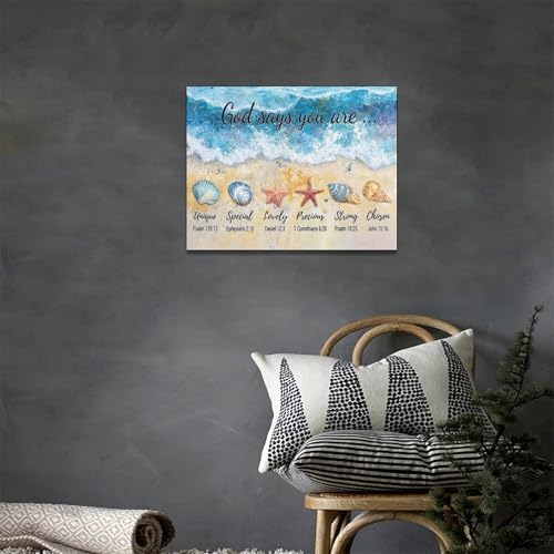 Beach Ocean Wall Art Christian Coastal Pictures Wall Decor Religious God Says You Are Canvas Prints Shells Starfish Painting Framed Modern Artwork for Bathroom Bedroom Living Room Office 16"x12" - color: Shellfish, size: 16"L x 12"W