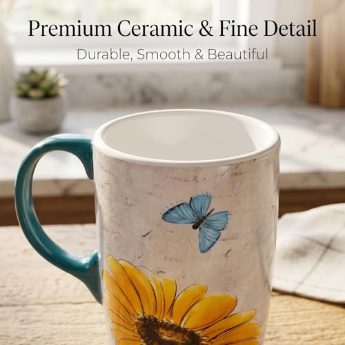 Topadorn 17oz Ceramic Travel Mug with Lid, Blue Daisy Floral Mug - color: Yellow Flower