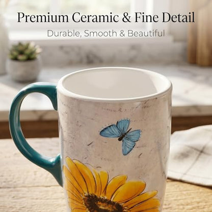 Topadorn 17oz Ceramic Travel Mug with Lid, Blue Daisy Floral Mug - color: Yellow Flower