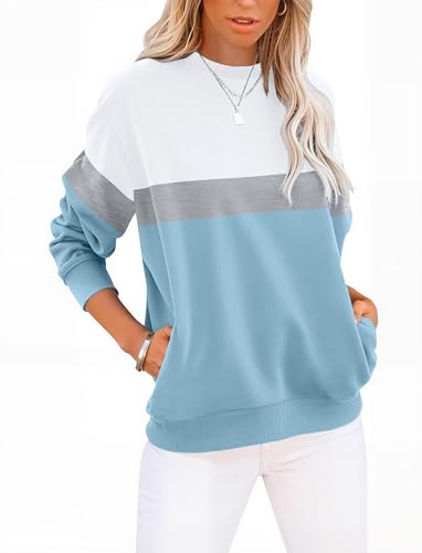 GKBK Womens Sweatshirts Cotton Crew Neck Lightweight Pullover Pocket Tops - color: White Blue, size: Medium