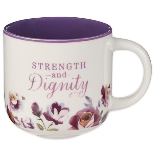 Christian Art Gifts Large Ceramic Coffee & Tea Mug for Women - color: White & Purple Floral/Strength & Dignity, size: 14 Ounces