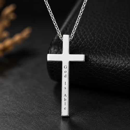 Engraved Cross Necklace for Men, Women & Boys & Girls Cross Necklace, Stainless Steel Cross Pendant Necklace, Faith & Inspiration Christian Jewelry Gift - color: God Is Able