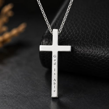 Engraved Cross Necklace for Men, Women & Boys & Girls Cross Necklace, Stainless Steel Cross Pendant Necklace, Faith & Inspiration Christian Jewelry Gift - color: God Is Able