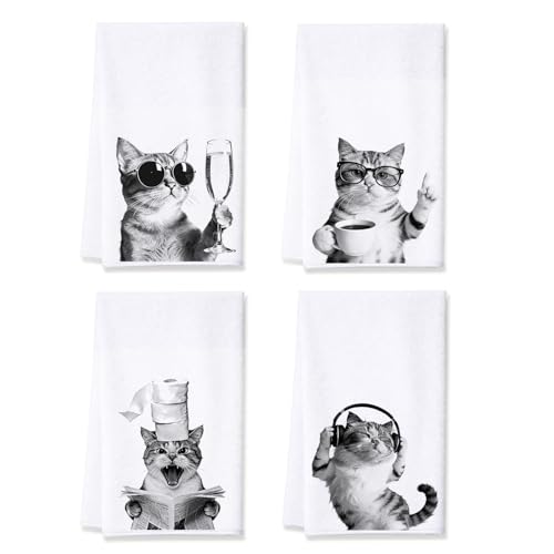 Cat Kitchen Towels Set of 4, Funny Microfiber Dish Towels - color: White Funny Cat-01