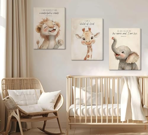 3Pcs Bible Verses Christian Nursery Safari Animals Canvas Wall Art Child of God Cute Animals Picture Wall Decor Lion Giraffe Elephant Poster Print Artwork for Kids Boys Girls Room Home Decoration - color: Canvas, size: 24L" x 16W"