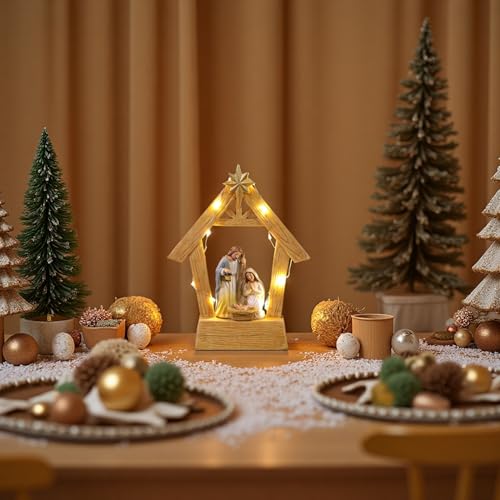 7.3'' Nativity Sets with Lights, Hand Painted Resin Holy Family Statues Manger Nativity Scene for Christmas Indoor Decorations(No Battery Included)