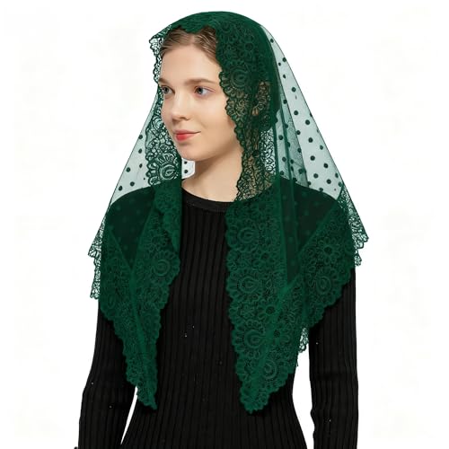Wgior Triangle Vintage Inspired Lace Chapel Veils Catholic Mass Head Covering Scarf Mantilla Veils for Church - color: Green
