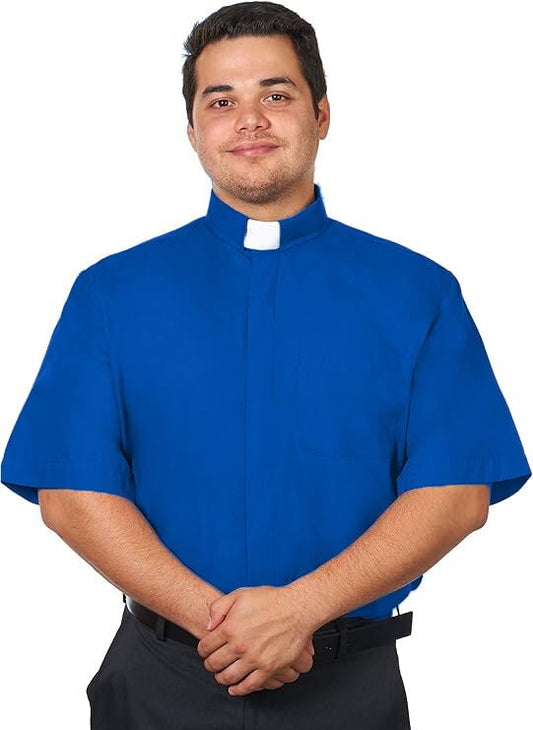 Men's Tab Collar Clergy Shirt Short Sleeves - color: Royal Blue, size: 15"-15.5" Neck